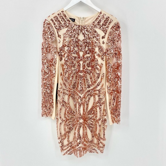 BEBE Sequin Scroll Mesh Rose Gold Bodycon Structured Dress Size M - Picture 3 of 16